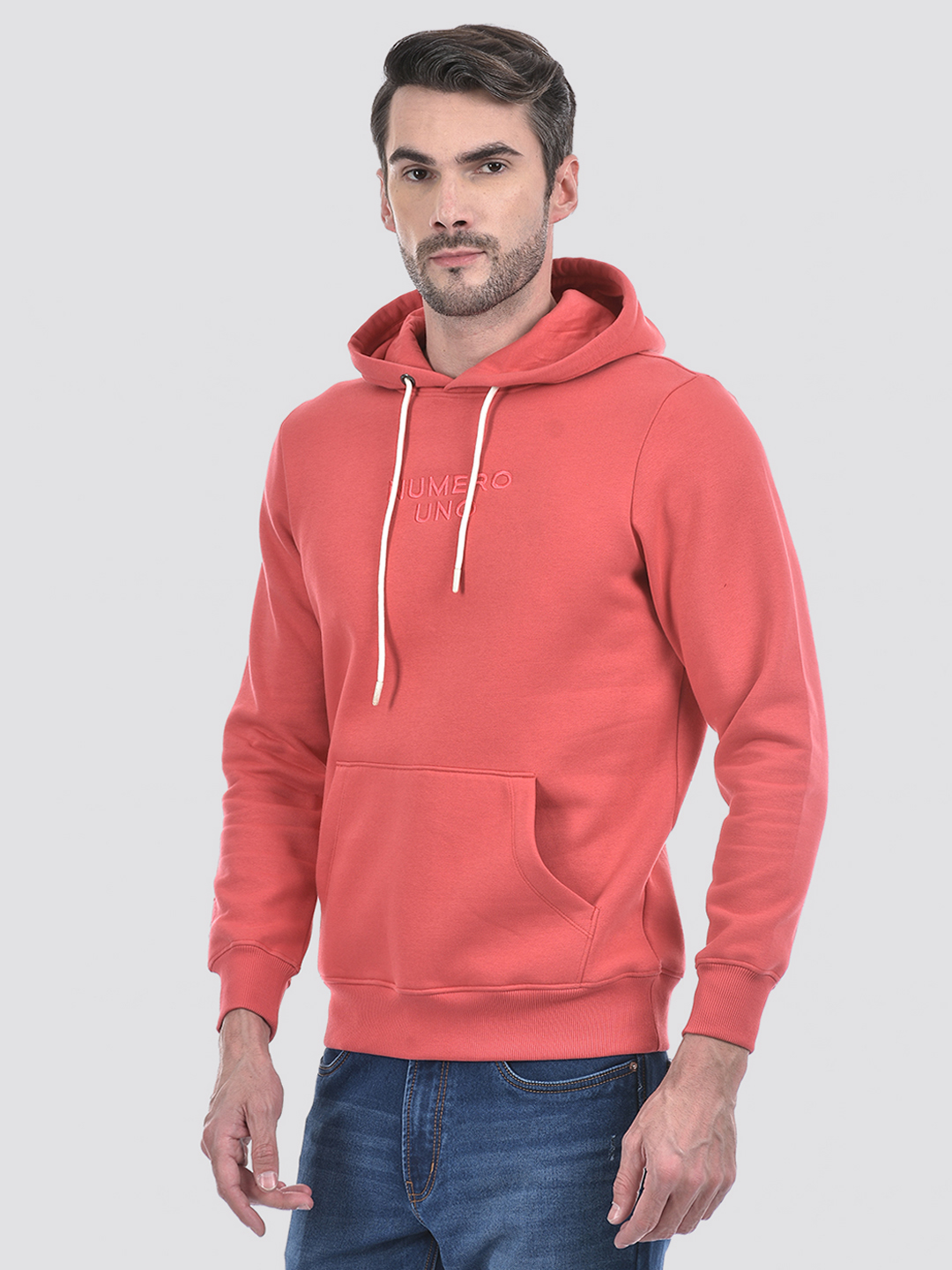 Numero Uno Men Typographic Pink Hooded Neck Cotton Blend Sweatshirt